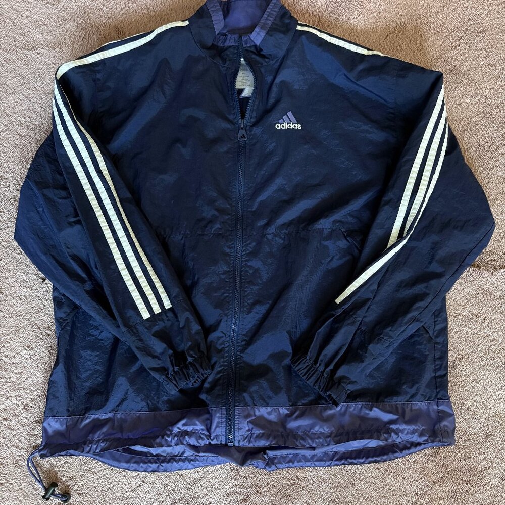 Vintage Adidas Windbreaker Jacket Navy Blue Purple 3 Stripe Mens Large RN 88387